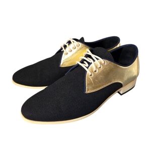 Chanel CC Logo Gold Metallic Leather & Black Fabric Lace-Up Oxford Shoes 37.5